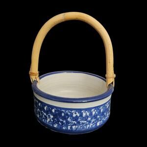 Vintage Blue White Spongeware Pottery Basket Bamboo Handle Rustic Decor